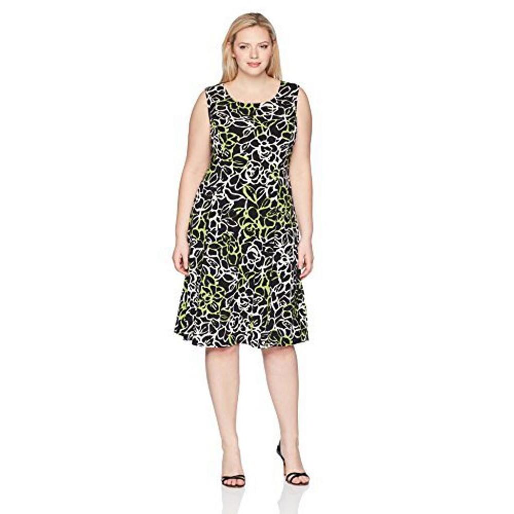 Julian Taylor Sleeveless Flare Midi Dress - Black/Tan/Green - 20W